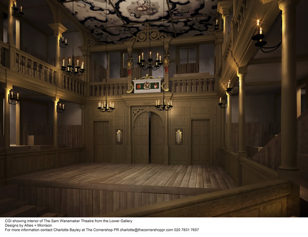 CGI showing interior of The Sam Wanamaker from the Lower Gallery. Designs by Allies + Morrison